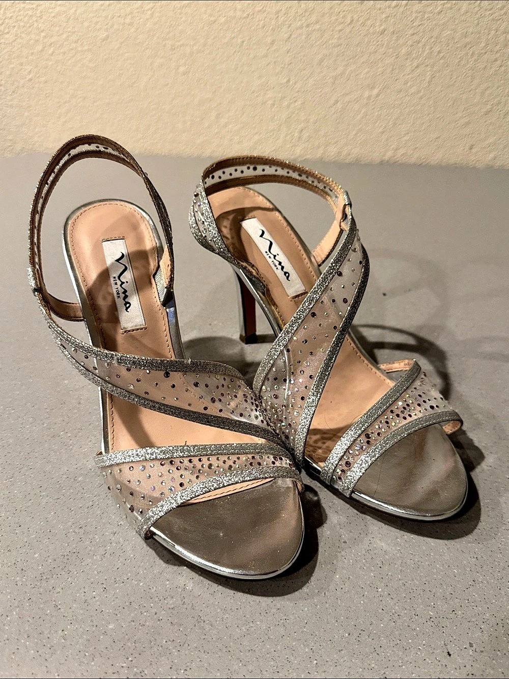 Nina Rhinestone Strappy Fairy Embeished Mesh Heels Silver US 8.5